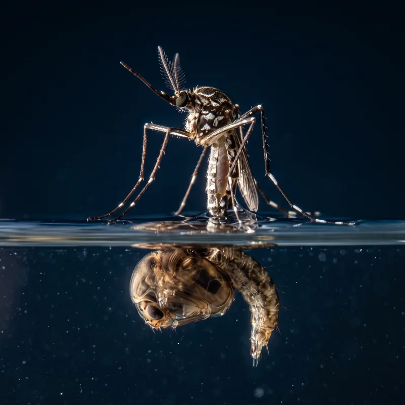 Mosquito adulto recién emergido, parado sobre el agua, con la cápsula pupal vacía debajo.