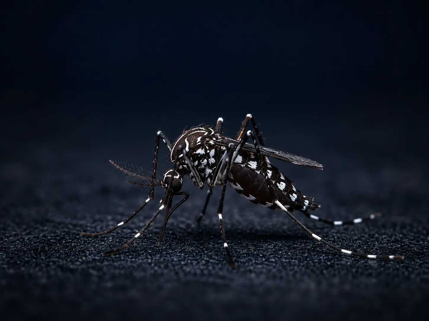 Mosquito Aedes aegypti posado, con las bandas blancas y negras características de sus patas.