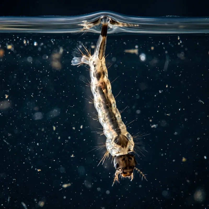Larva de mosquito colgando vertical bajo la superficie del agua, respirando por la cola.