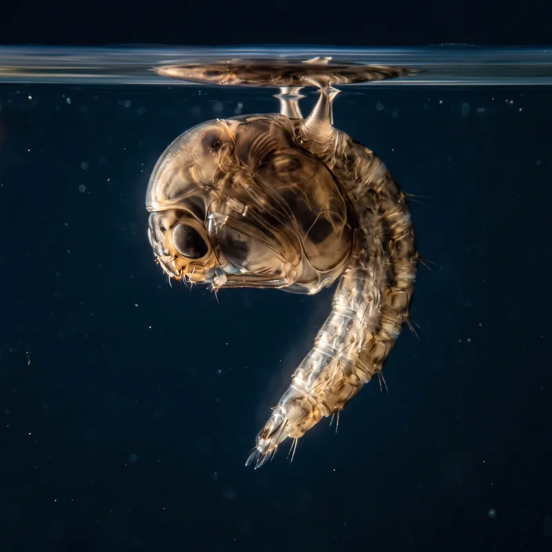 Pupa de mosquito con forma de coma, flotando bajo la superficie del agua.