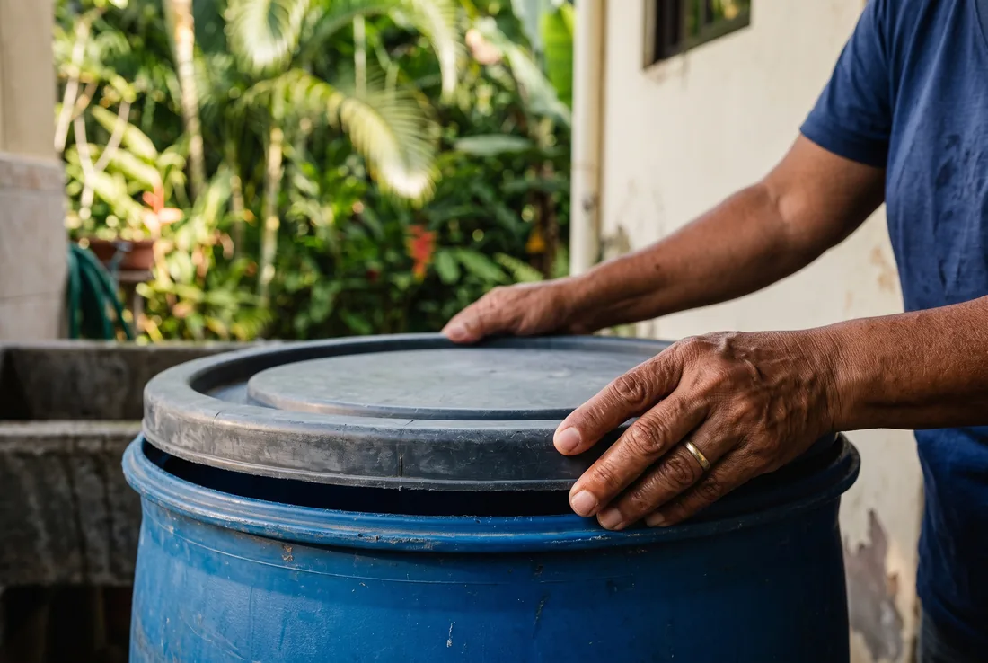 Manos colocando la tapa sobre un estañón plástico de almacenar agua.