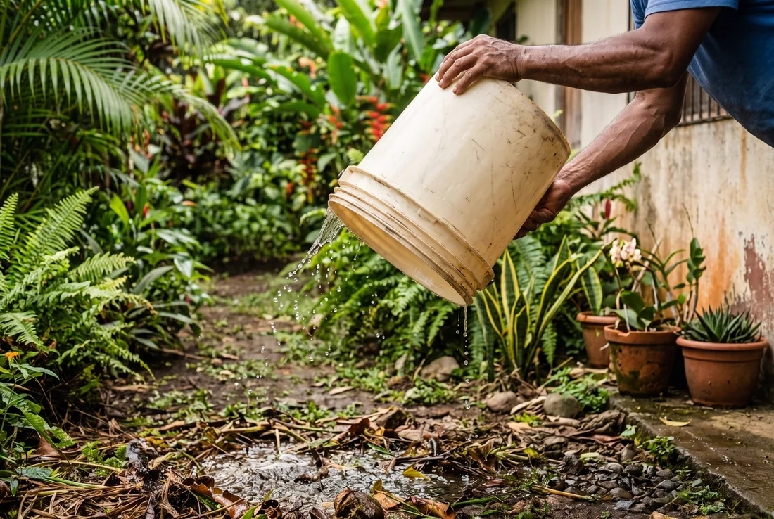 Manos volteando un balde plástico boca abajo para vaciar el agua acumulada.